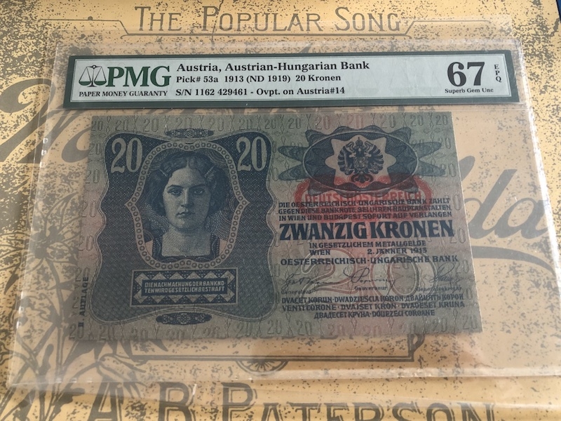 收藏联盟七十四期拍卖 奥地利1913年20克朗 PMG67E