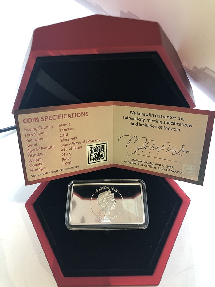 雕塑与币章 2018年萨摩亚发行爱情声波-“我爱你” 精制纪念银币