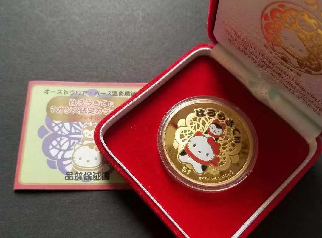 【随心拍】第四期 【图瓦卢】2006年HelloKitty招财猫彩色镀金银币，1盎司，澳大利亚制造，发行2000枚，有证书包装