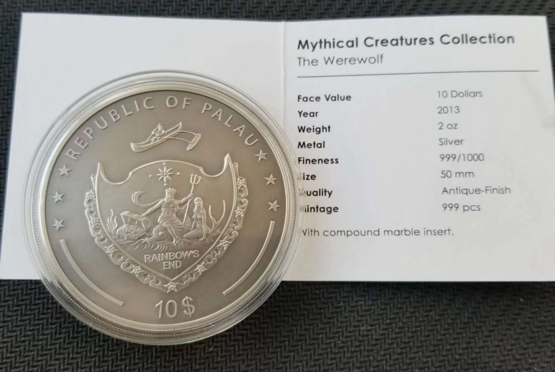 【随心拍】第四期 【帕劳】2013年狼人的传说仿古镶嵌大2oz银币