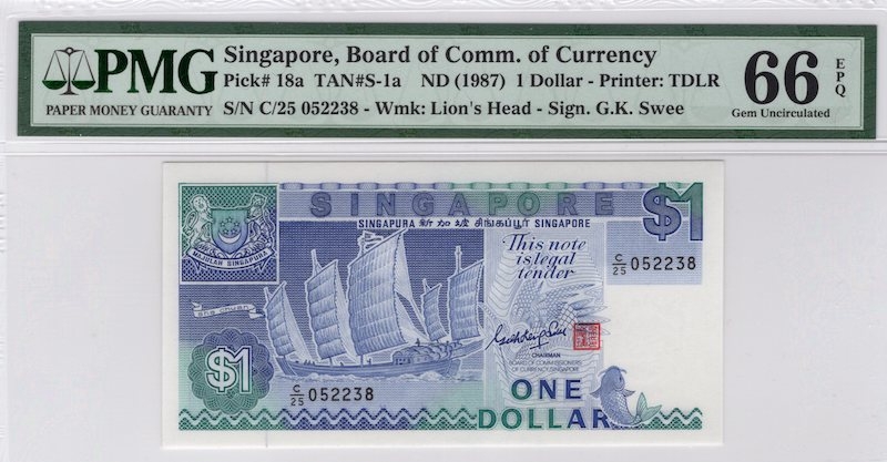 收藏联盟第七十五期拍卖   PMG66 新加坡1987年1元 P-18a