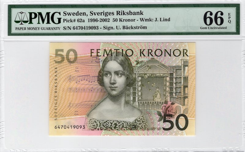 收藏联盟第七十五期拍卖 PMG66 瑞典2006年50克朗 P-62a 初版夜莺