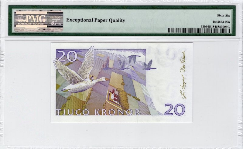 收藏联盟第七十五期拍卖  PMG66 瑞典2003年20克朗 P-63b 小骑鹅 冠军分