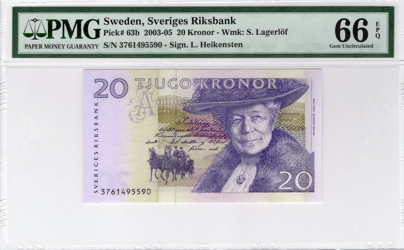收藏联盟第七十五期拍卖  PMG66 瑞典2003年20克朗 P-63b 小骑鹅 冠军分