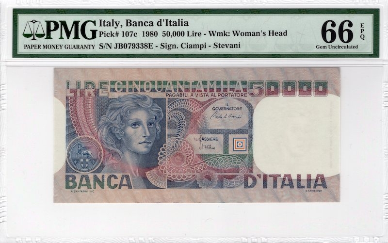收藏联盟第七十五期拍卖    PMG66 意大利1980年50000里拉 P-107c