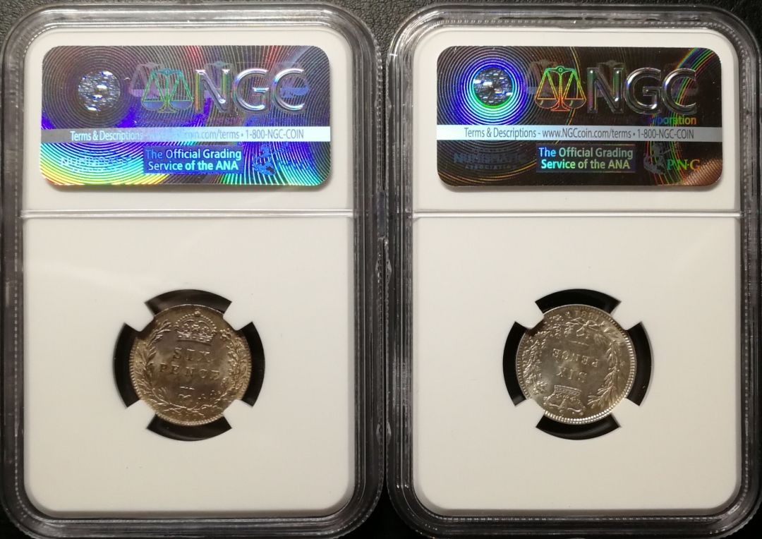 凡希社世界钱币微拍第七十五期 小维老维6便士一对NGC-MS61/63