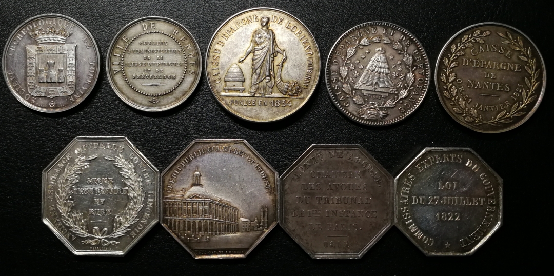 凡希社世界钱币微拍第七十五期 法国银JETON九枚一组