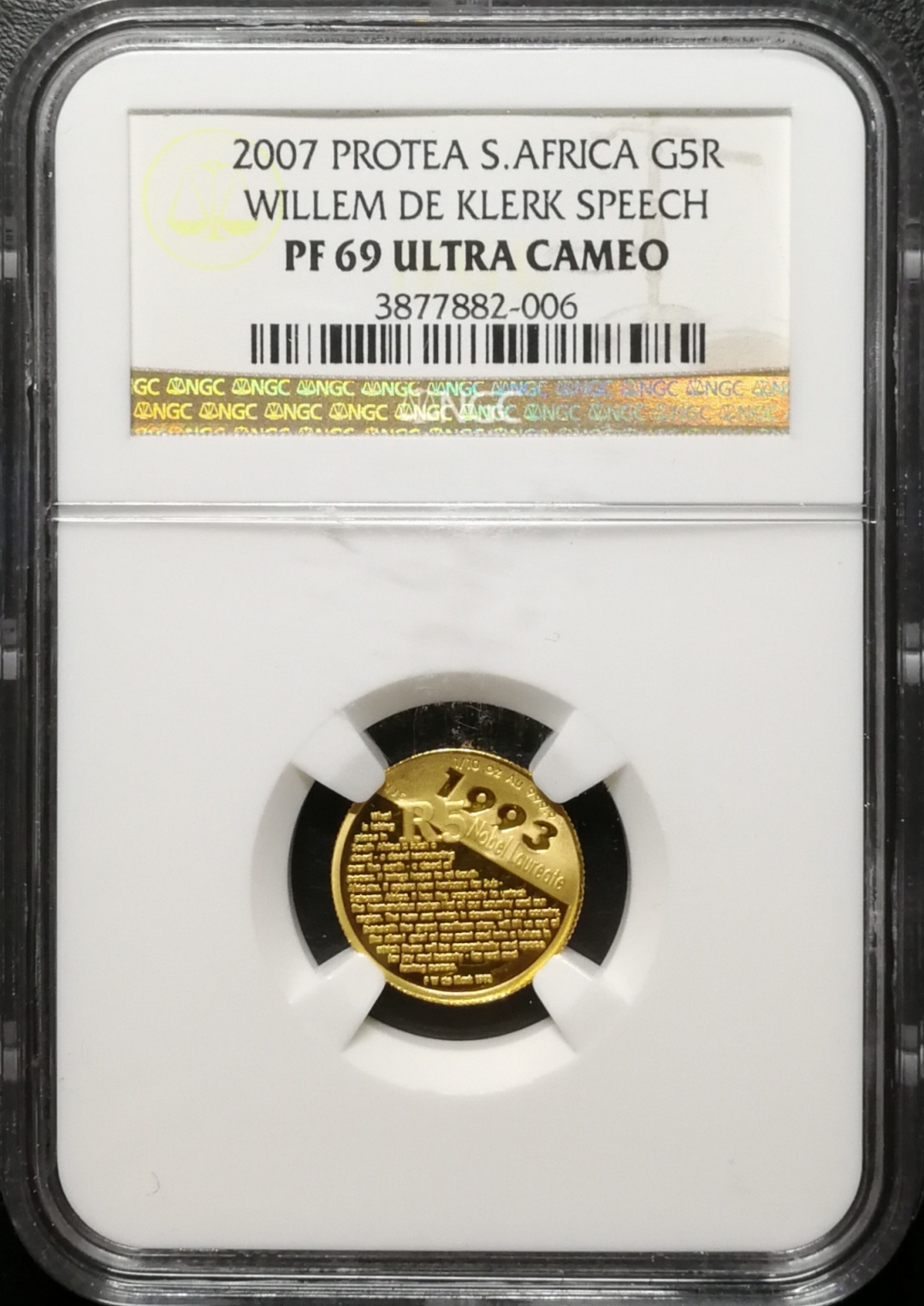 凡希社世界钱币微拍第七十五期 2007南非德克勒克演讲5兰特金币NGC-PF69UC1/10盎司
