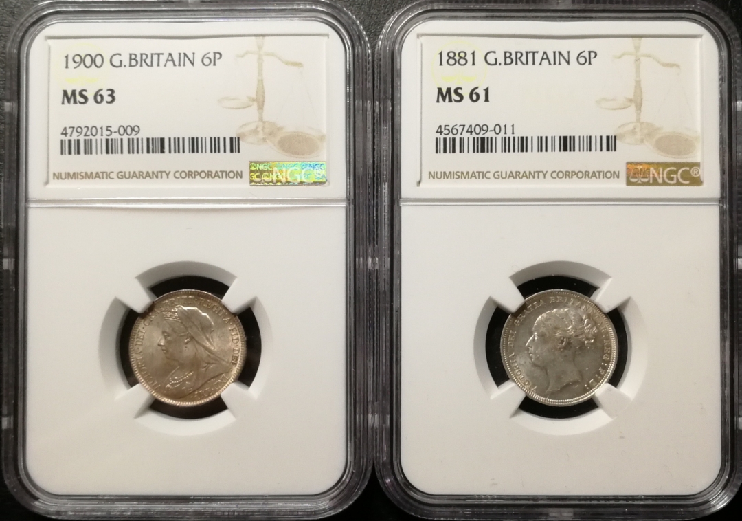 凡希社世界钱币微拍第七十五期 小维老维6便士一对NGC-MS61/63