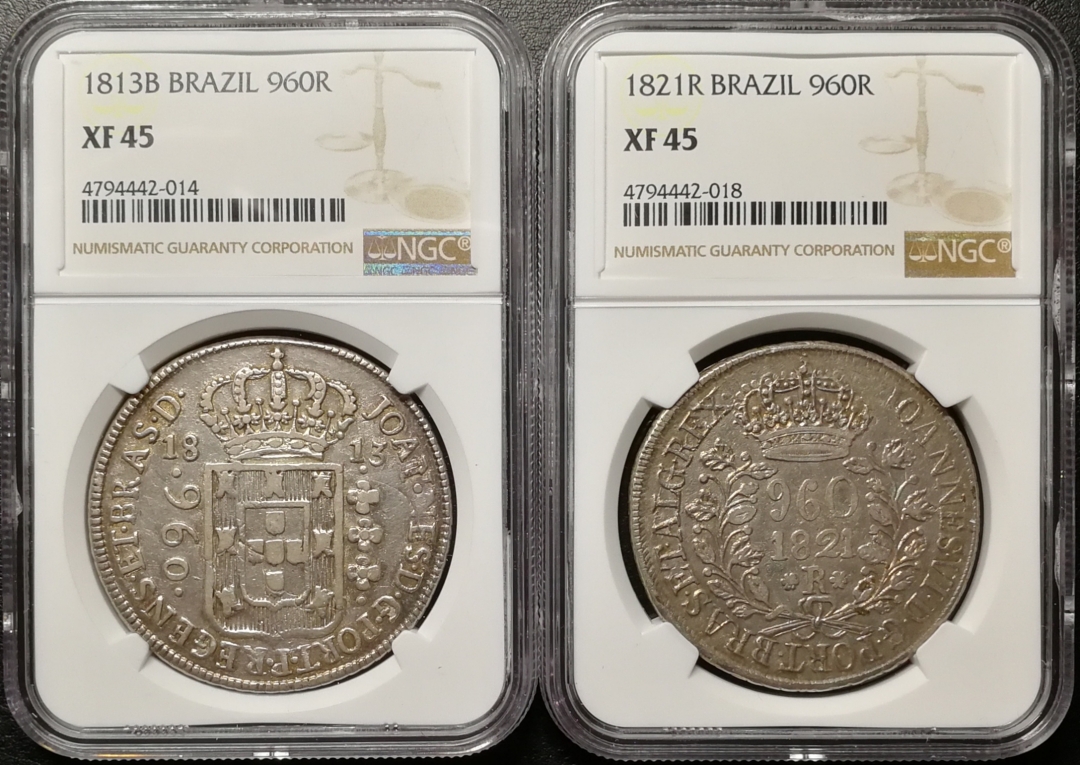 凡希社世界钱币微拍第七十五期 1813/1821葡属巴西960R一对NGC-XF40