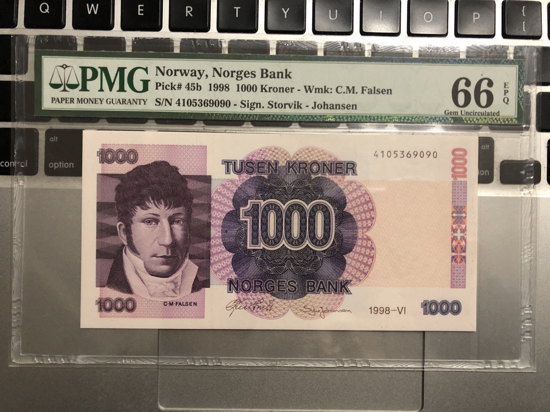 收藏联盟第七十五期拍卖 挪威1998年1000克朗 PMG66E