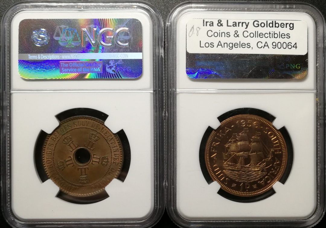 凡希社世界钱币微拍第七十五期 比属刚果与南非铜币一对NGC-MS63/65