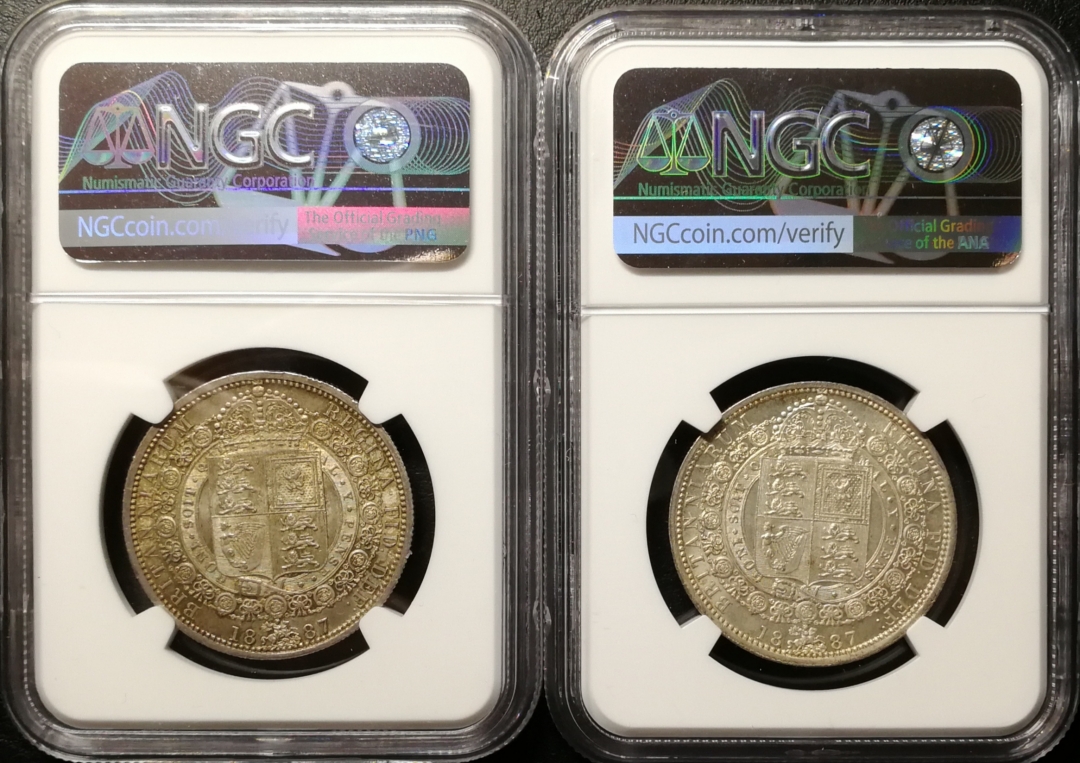 凡希社世界钱币微拍第七十五期 1887老维高冠半克朗一对NGC-MS62/63