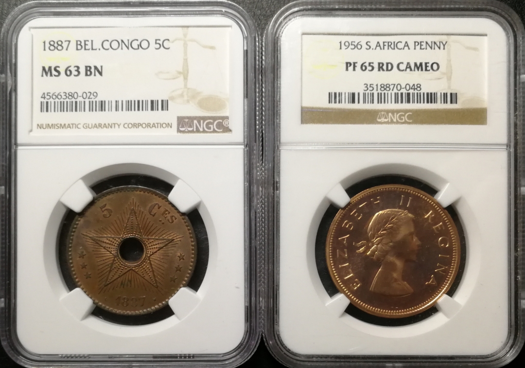 凡希社世界钱币微拍第七十五期 比属刚果与南非铜币一对NGC-MS63/65