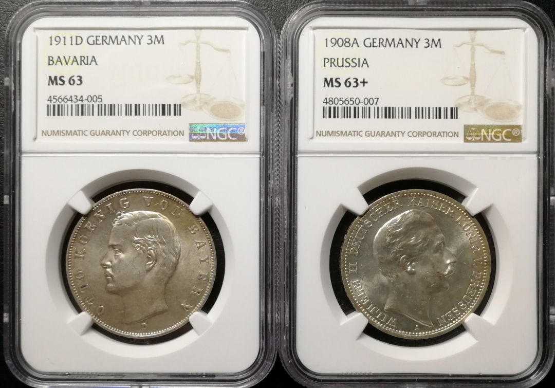 凡希社世界钱币微拍第七十五期 普鲁士巴伐利亚3马克一对NGC-MS63