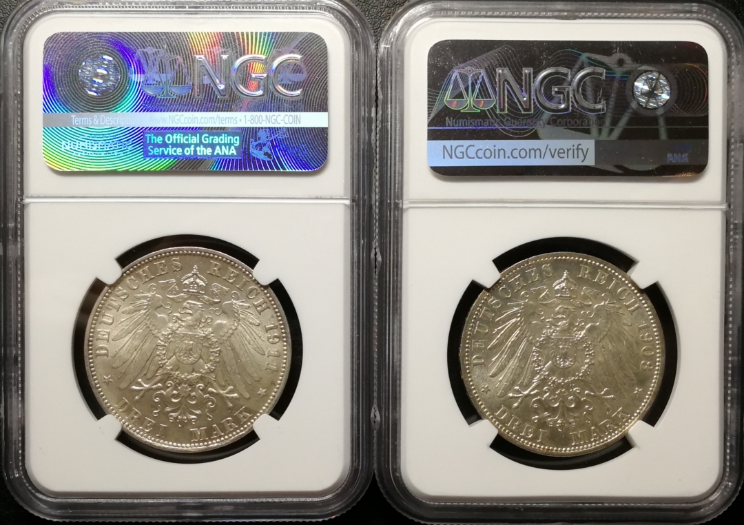 凡希社世界钱币微拍第七十五期 普鲁士巴伐利亚3马克一对NGC-MS63