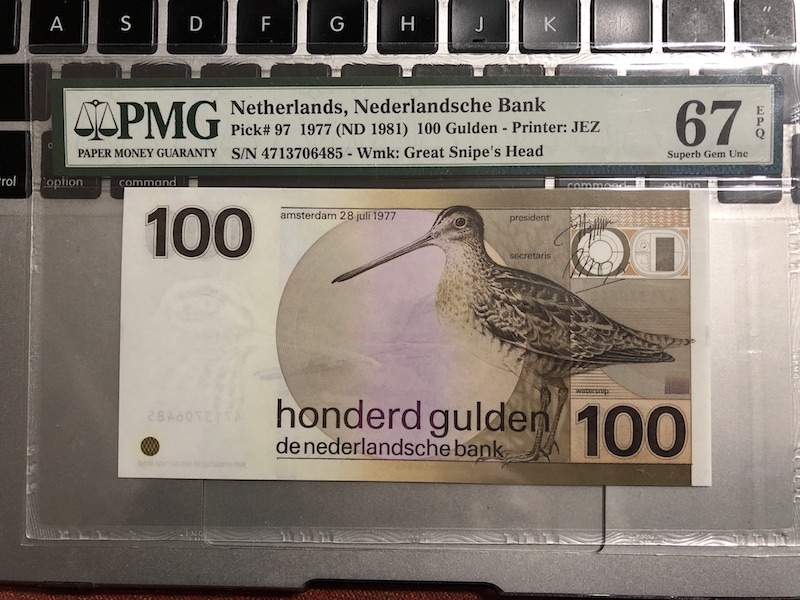 收藏联盟第七十五期拍卖 荷兰水鸟1977年100盾 PMG67E