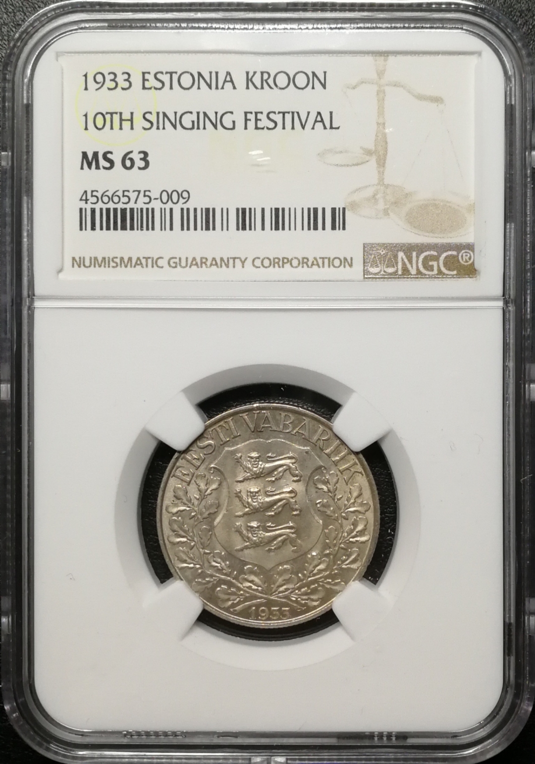 凡希社世界钱币微拍第七十五期 1933爱沙尼亚音乐节纪念克朗NGC-MS63
