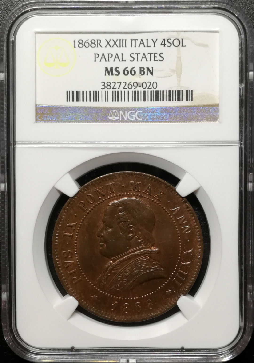凡希社世界钱币微拍第七十五期 1868教皇国4S大铜NGC-MS66