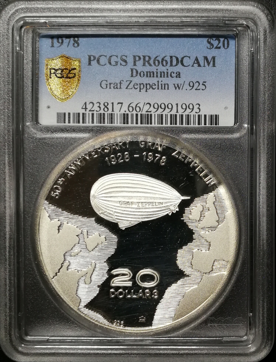 凡希社世界钱币微拍第七十五期 1978多米尼加联邦齐柏林飞艇20元银币PCGS-PF68DCAM