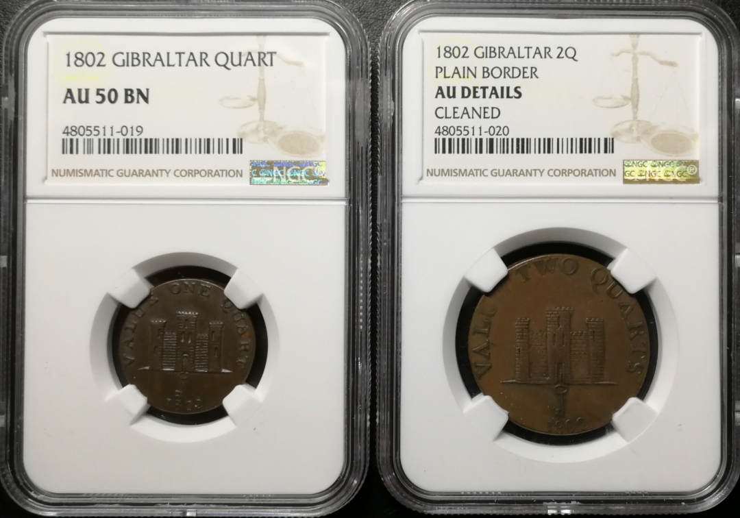 凡希社世界钱币微拍第七十五期 1802直布罗陀海景夸特两枚一套NGC-AU50