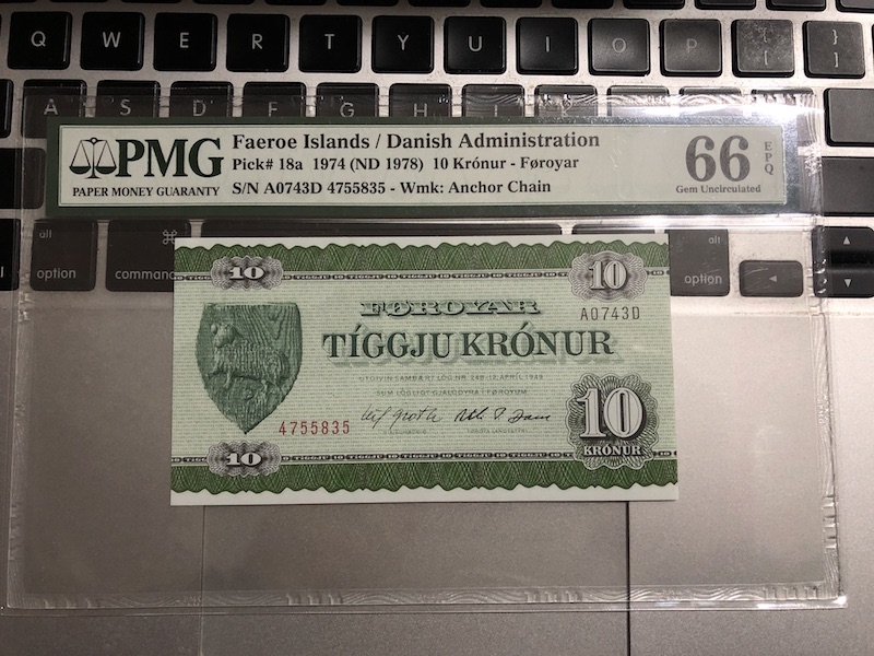 收藏联盟第七十五期拍卖 法罗群岛1974年早期10克朗 PMG66E