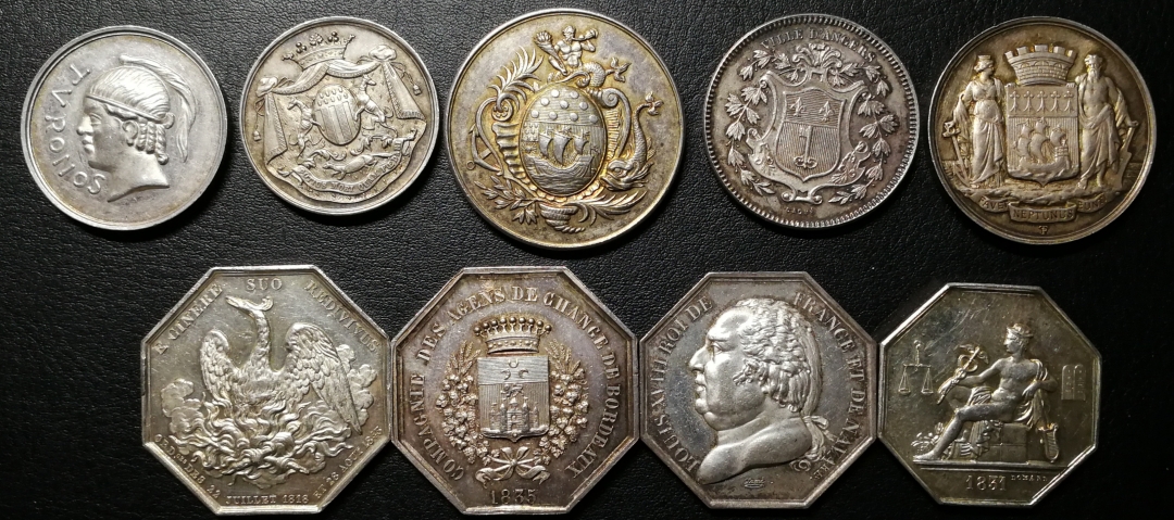 凡希社世界钱币微拍第七十五期 法国银JETON九枚一组