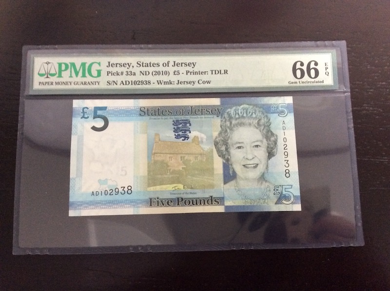 收藏联盟第七十六期拍卖 泽西2010年5镑 PMG66E 无47尾8