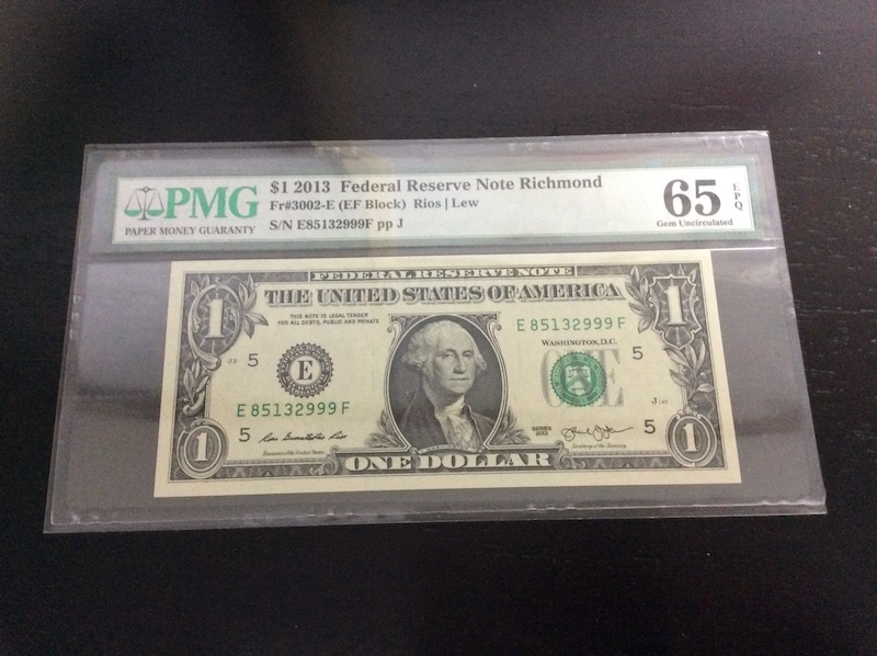 收藏联盟第七十六期拍卖 美国2013年1美金 PMG65E 豹子号999