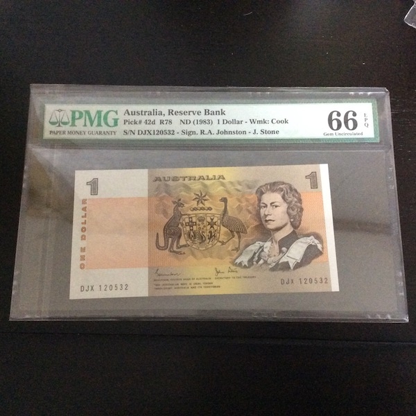 收藏联盟第七十六期拍卖 澳大利亚1983年1元 戎装女王 PMG66E亚军分