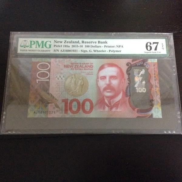 收藏联盟第七十六期拍卖 新西兰2015年100新元塑料钞 PMG67E