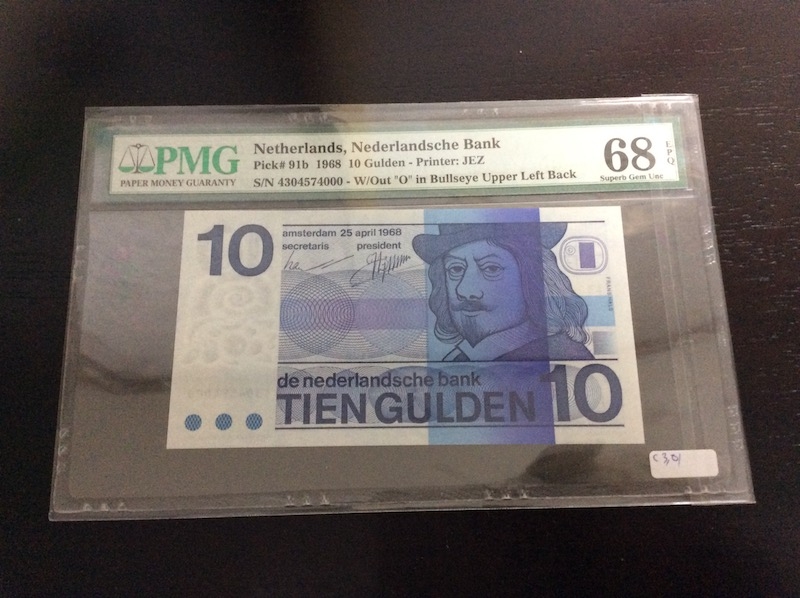 收藏联盟第七十六期拍卖 荷兰人像版1968年10盾 PMG68E