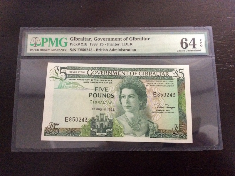 收藏联盟第七十六期拍卖 直布罗陀1988年5镑 PMG64E
