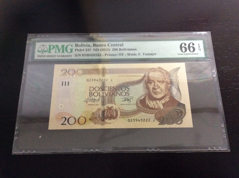 收藏联盟第七十六期拍卖 玻利维亚2015年200玻利维亚诺 PMG66E豹子号222