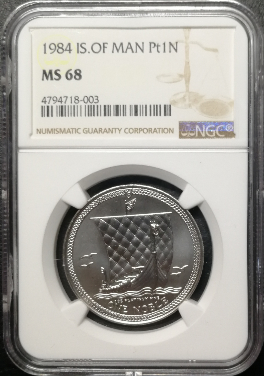 凡希社世界钱币微拍第七十六期 1984马恩岛维尔京帆船NOBLE白金一盎司NGC-MS68