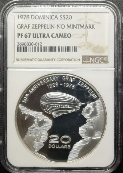 凡希社世界钱币微拍第七十六期 - 1978多米尼加联邦飞艇20元大银NGC-PF67无厂标版