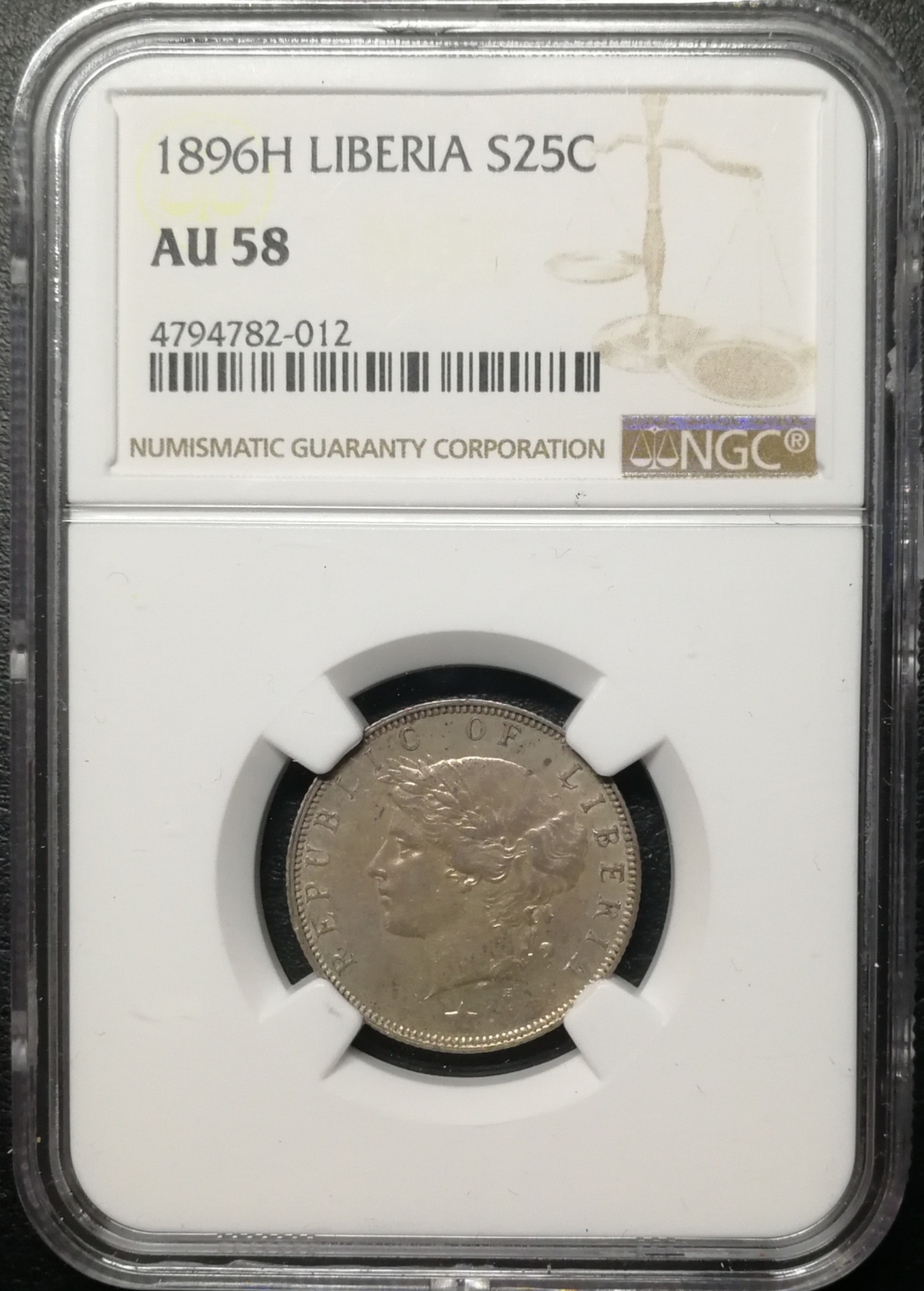 凡希社世界钱币微拍第七十六期 1896H利比里亚25分NGC-AU58