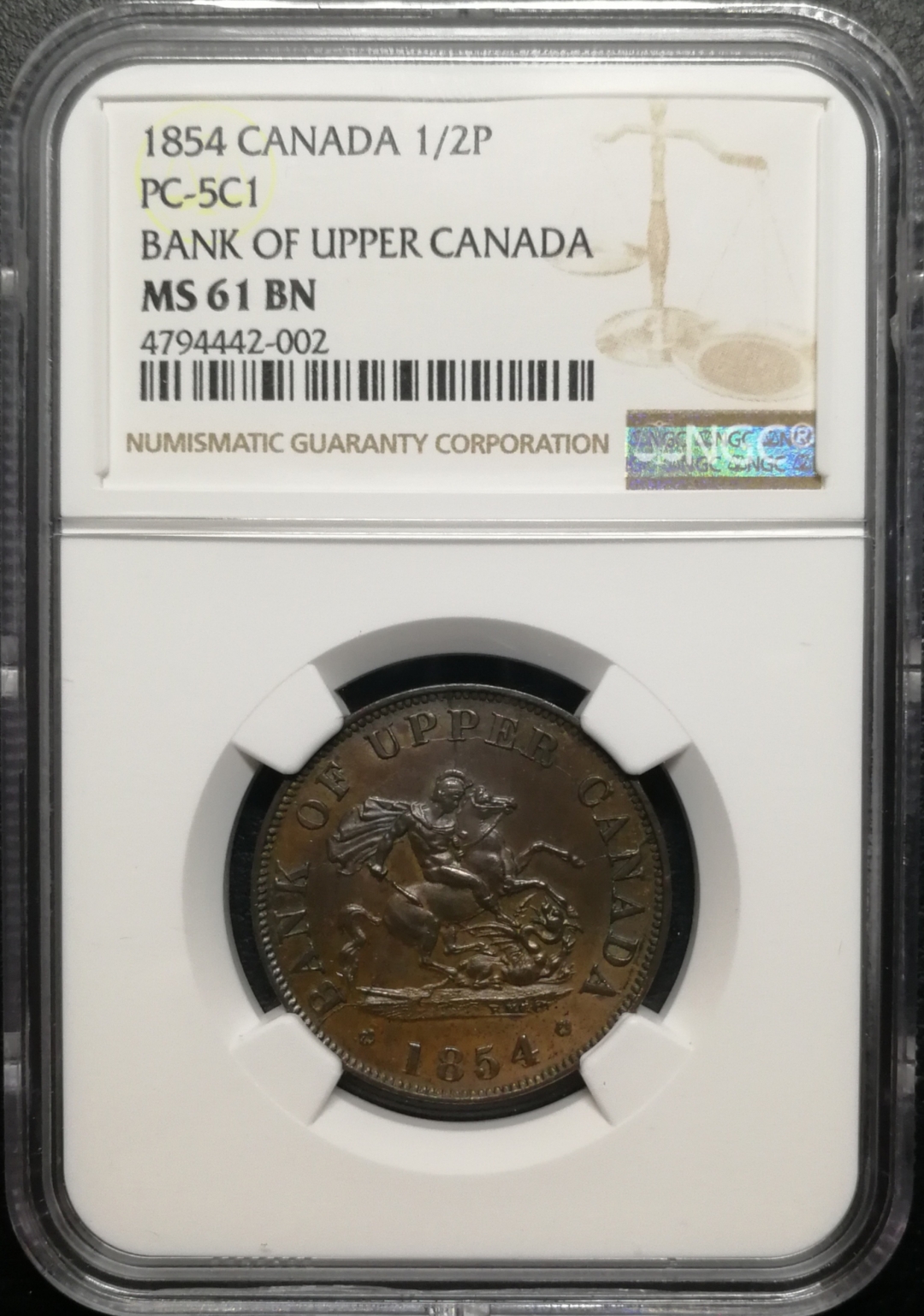 凡希社世界钱币微拍第七十六期 1854上加拿大1/2便士NGC-MS61