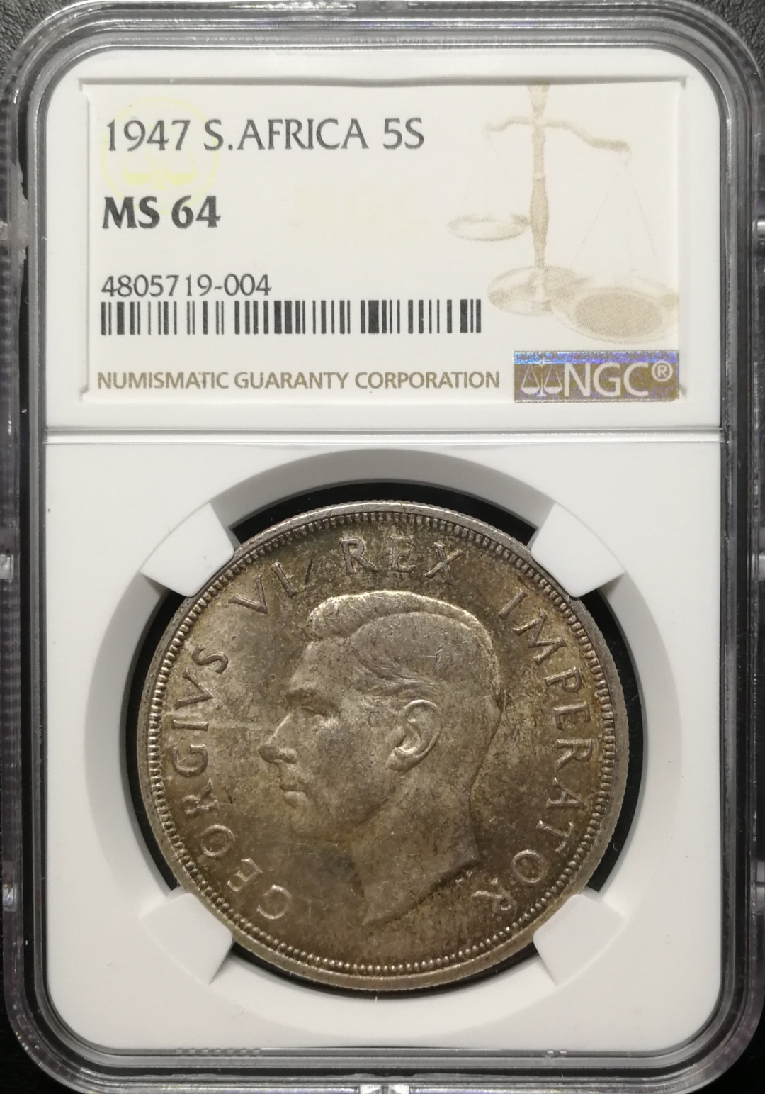 凡希社世界钱币微拍第七十六期 1947南非乔六5先令大银NGC-MS64