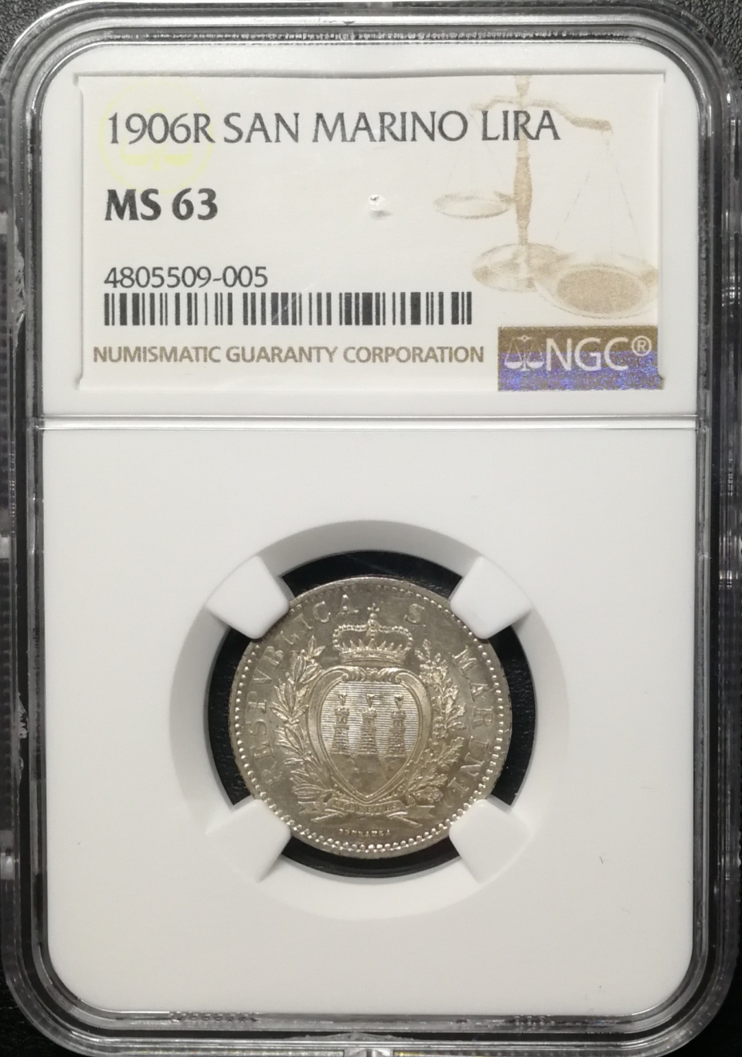 凡希社世界钱币微拍第七十六期 1906圣马力诺1里拉NGC-MS63