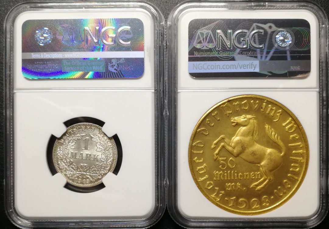 凡希社世界钱币微拍第七十六期 帝国马克与镀金大马币一对NGC-MS66/64