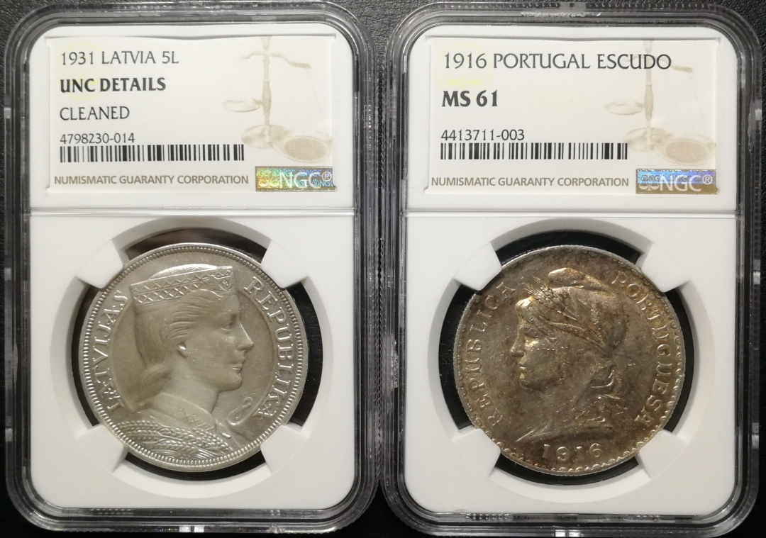 凡希社世界钱币微拍第七十六期 葡萄牙拉脱维亚大银一对NGC