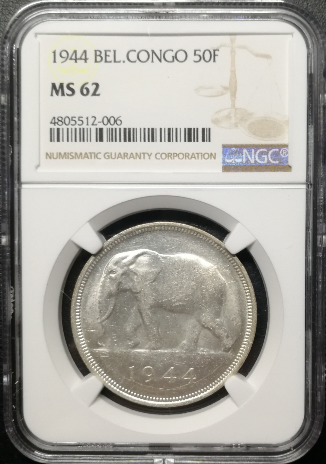 凡希社世界钱币微拍第七十六期 1944比属刚果50法郎大银NGC-MS62