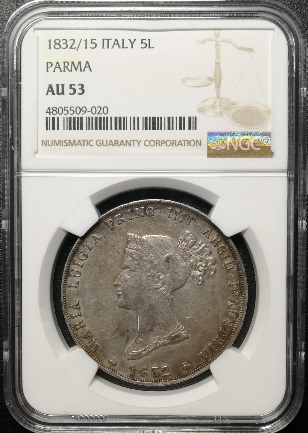 凡希社世界钱币微拍第七十六期 1832帕尔马5里拉NGC-AU53