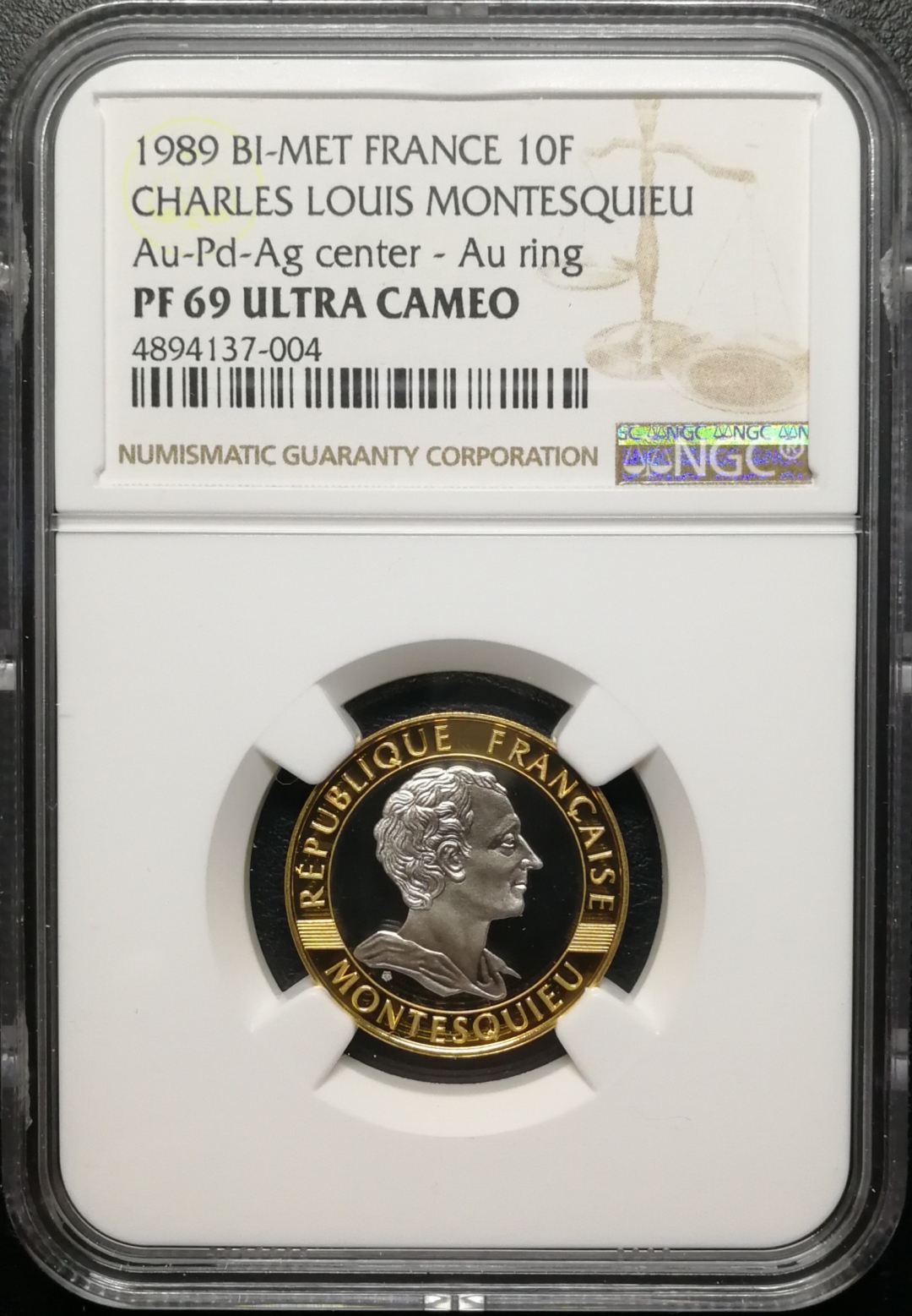 凡希社世界钱币微拍第七十六期 稀!1989孟德斯鸠双金属10法郎NGC-PF69UC