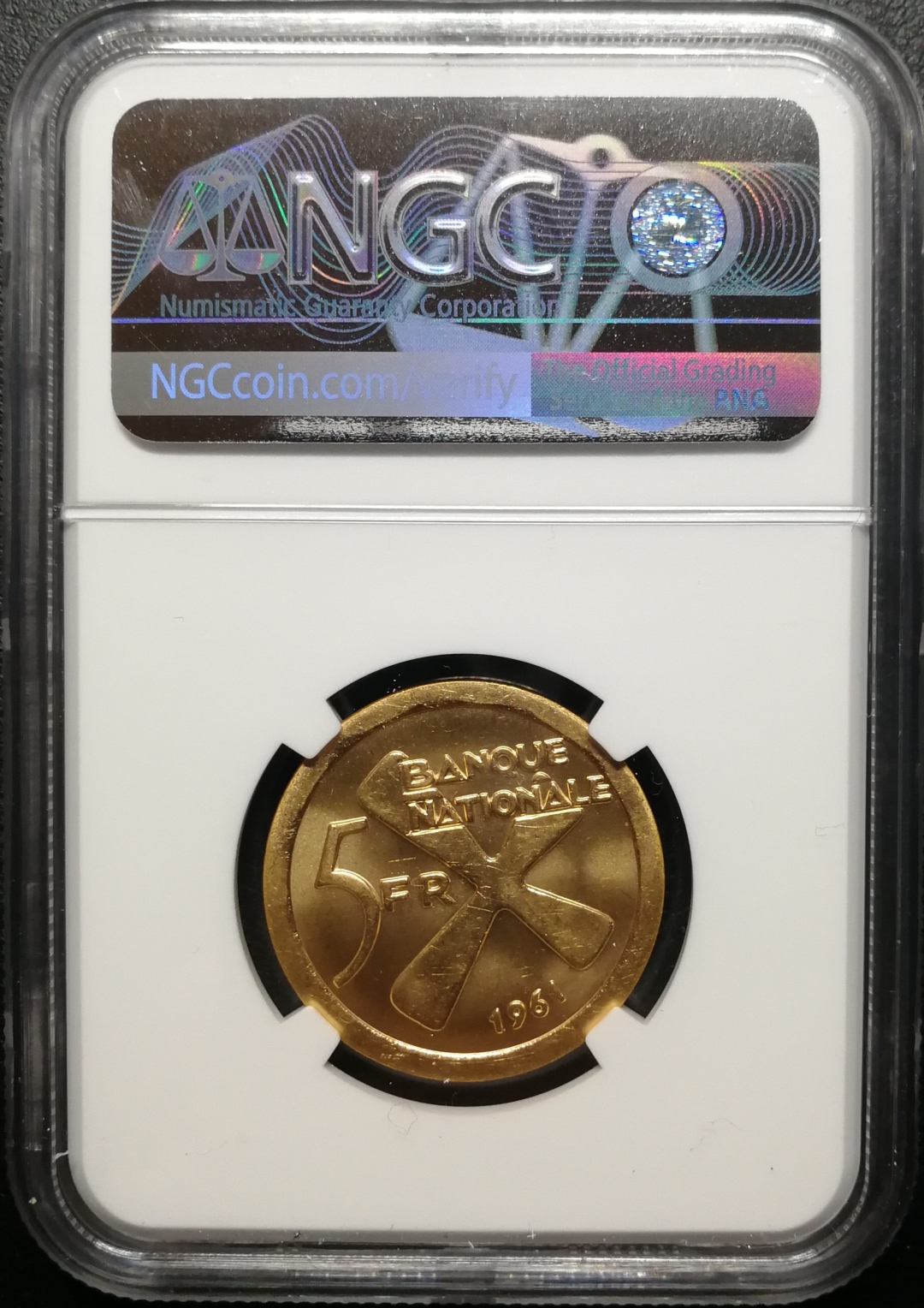 凡希社世界钱币微拍第七十六期 稀!1961加丹加5法郎金币NGC-MS65