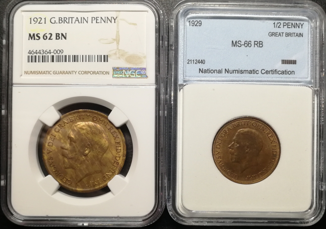 凡希社世界钱币微拍第七十六期 乔五铜币一对NGC-MS62