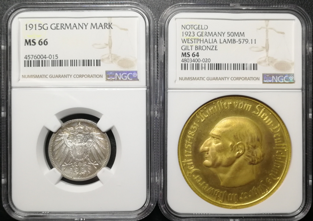 凡希社世界钱币微拍第七十六期 帝国马克与镀金大马币一对NGC-MS66/64