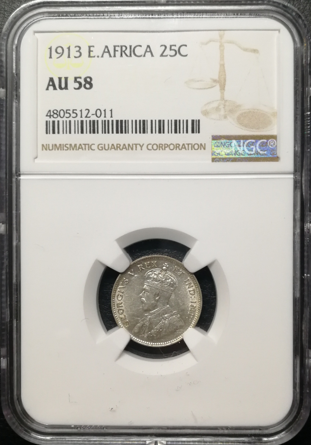 凡希社世界钱币微拍第七十六期 1913东非乔五25分NGC-AU58