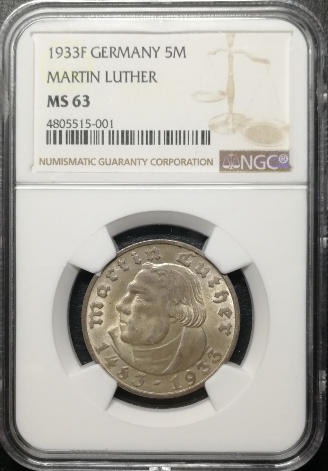 凡希社世界钱币微拍第七十六期 1933路德5马克NGC-MS63